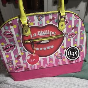 Pink Graphic Dome Satchel with Yellow Handles